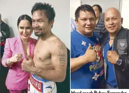  ??  ?? Pacquiao and Jinkee are all smiles after the knockout win. Head coach Buboy Fernandez and Gen. Bato de la Rosa