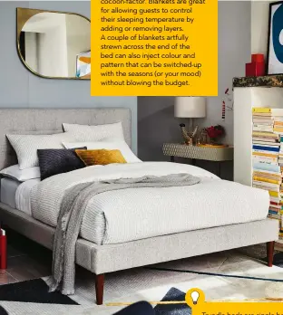  ??  ?? Above Grid tufted upholstere­d bed, from £799; Audrey mini desk, £399; Cat Eye metal wall mirror, £329, West Elm