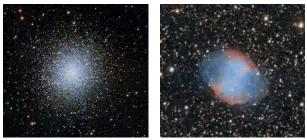  ??  ?? M13 (left) and M27, both captured with an f/2.2 RASA; 50x30“exposures