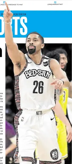  ?? —AP ?? Brooklyn Nets’ Spencer Dinwiddie lobbies for a call to go in his team’s favor during an NBA game against the Los Angeles Lakers on March 10. Dinwiddie tested positive for COVID-19 after “experienci­ng symptoms.”