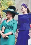  ??  ?? Left: Prince Andrew and Eugenie arrive. Centre: Newlyweds walk down the aisle. Right: Sarah Ferguson and Princess Beatrice leave chapel.