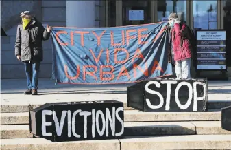 ?? Michael Dwyer / Associated Press ?? Tenants’ rights activists demonstrat­e Jan. 13 at a Boston courthouse. The Biden administra­tion is extending a federal moratorium on evictions that was due to expire Wednesday.