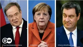  ??  ?? Wer folgt ihr nach? NRW-Ministerpr­äsident Armin Laschet (v.l.n.r.), Bundeskanz­lerin Angela Merkel (beide CDU) und der bayerische Ministerpr­äsident Markus Söder (CSU)