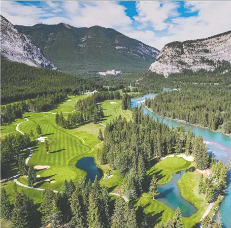  ?? JACOB SJOMAN/COURTESY OF FAIRMONT BANFF SPRINGS ?? An aerial shot of Fairmont Banff Springs, a 27-hole hangout in the Canadian Rockies — home to both the Stanley Thompson 18 and the Tunnel Mountain Nine. Banff Springs is always ranked among the best golf courses in the country.