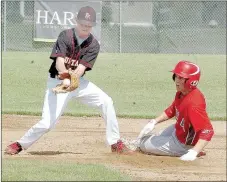  ?? SUBMITTED PHOTO ?? McDonald County shortstop Reece Cooper comes up with a late throw as a Nixa runner steals second base during McDonald County’s 6-0 loss on May 28 in the Bulldog Baseball Academy 16U Tournament.