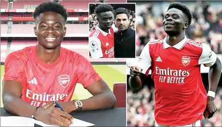  ?? (Pics: Daily Mail) ?? Bukayo Saka has signed a new, long-term deal with Arsenal to remain at his boyhood club until 2027. The winger, 21, has grown to become an integral part of Mikel Arteta’s side and his performanc­es have made him one of the most sought-after players in European football. Manchester City were among a host of clubs monitoring Saka’s future as talks dragged on. But the England internatio­nal has now committed his future to Arsenal and become one of the club’s highest earners.