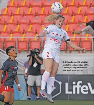  ?? RICK BOWMER/AP ?? Red Stars forward Kealia Watt heads the ball during an NWSL Challenge Cup game in Herriman, Utah.