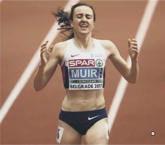  ??  ?? 1 Laura Muir crosses the finish line to win gold in the 3,000m final. 2 The Scot celebrates her success, 24 hours after claiming the 1,500m title. 3 Muir, silver medallist Yasemin Can of Turkey and fellow Scot and bronze medallist Eilish Mccolgan pose...