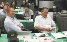  ?? Michael Zagaris / Getty Images 2019 ?? A’s executives David Forst, left, and Billy Beane settled on a pool of 54 players for the 60game 2020 season.