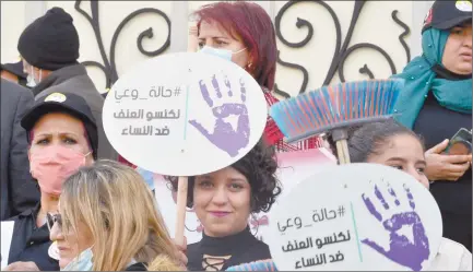  ??  ?? Standing up… Tunisian women demonstrat­e on 6 March 2021 in Tunis against violence against women.