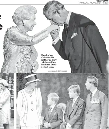  ?? LEON NEAL, AFP/ GETTY IMAGES
NEIL MUNNS, AFP ?? Charles had a kiss for his mother as they celebrated her Diamond Jubilee last year. Prince Charles with wife Diana and sons Harry, left, and William in August 1995. His divorce the next year hurt his image, but now, “it is partly through his sons that...