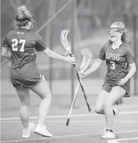  ?? ULYSSES MUÑOZ/BALTIMORE SUN ?? St. Paul’s Lily Peek, right, celebrates a goal with teammate Frannie Hahn during a game against Notre Dame Prep on March 25.