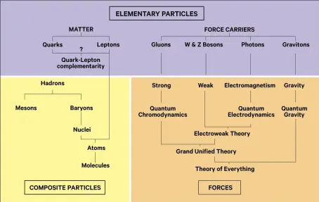  ??  ?? An overview of the various families of elementary and composite particles, and the theories describing their interactio­ns. Fermions are on the left, bosons are on the right.