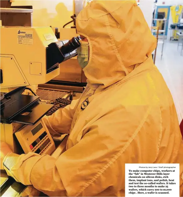  ?? Photos by Jerry Lara / Staff photograph­er ?? To make computer chips, workers at the “fab” in Westover Hills layer chemicals on silicon disks, etch them, implant ions, and polish, heat and test the so-called wafers. It takes two to three months to make 25 wafers, which carry 200 to 10,000 chips . Here, a wafer is scanned.