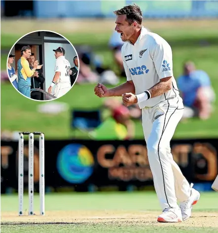  ?? AP ?? Tim Southee celebrates the dismissal of Haris Sohail that gave him his 300th wicket in test cricket; inset, Southee is congratula­ted by Pakistan players at the end of the day’s play.