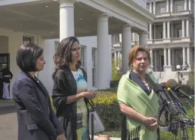  ?? Stephen Crowley / New York Times ?? Seema Verma (left), who oversees Medicare and Medicaid, Penny Young Nance and Marjorie Dannenfels­er speak in favor of President Trump’s action.