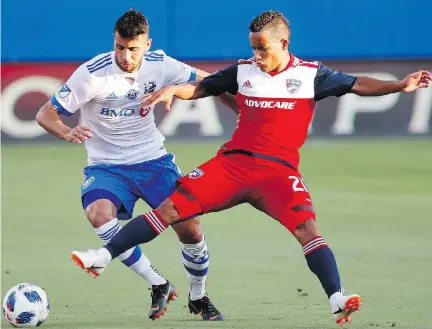  ?? STEWART F. HOUSE/THE ASSOCIATED PRESS ?? Impact midfielder Saphir Taïder battles FC Dallas midfielder Michael Barrios during last Saturday’s MLS match, which Montreal dropped 2-0. The Impact have lost five of their last six starts and have been shut out in each of those losses.