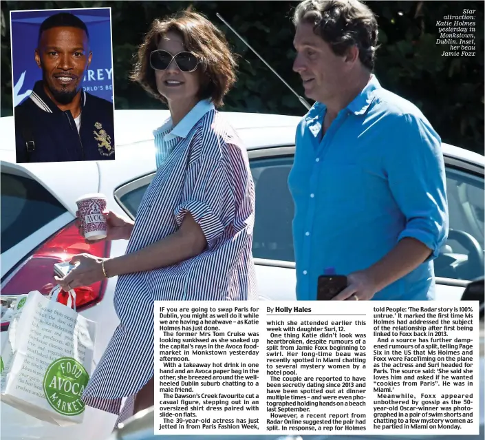  ??  ?? Star attraction: Katie Holmes yesterday in Monkstown, Dublin. Inset, her beau Jamie Foxx