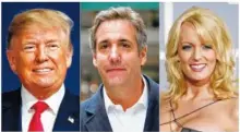 ?? AP FILE PHOTOS ?? From left, President Donald Trump, attorney Michael Cohen and adult film actress Stormy Daniels are seen. Search warrants unsealed Thursday shed new light on the president’s role as his campaign scrambled to respond to media inquiries about hush money paid to two women who said they had affairs with him. The investigat­ion involved payments Cohen helped orchestrat­e to Daniels and Playboy centerfold Karen McDougal.