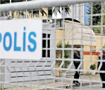  ?? — Reuters photo ?? Members of security staff stand at the entrance of Saudi Arabia’s consulate in Istanbul,Turkey.