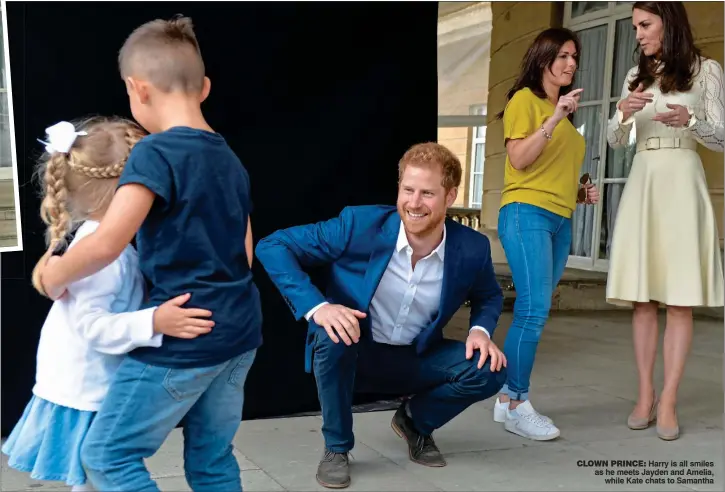  ??  ?? CLOWN PRINCE: Harry is all smiles as he meets Jayden and Amelia, while Kate chats to Samantha