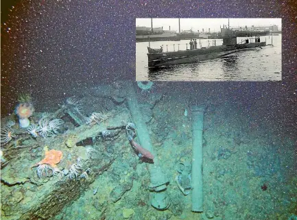  ?? PHOTO: FAIRFAX ?? The battery ventilatio­n trunks of HMAS AE1 lie on the seabed, 103 years after its loss off the Duke of York Island group in Papua New Guinea.