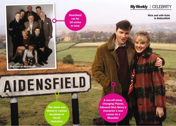  ?? ?? The show was filmed in various locations in North Yorkshire A one-off show, Changing Places, followed Nick Berry’s character’s new career as a Mountie!
Nick and wife Kate in Aidensfiel­d