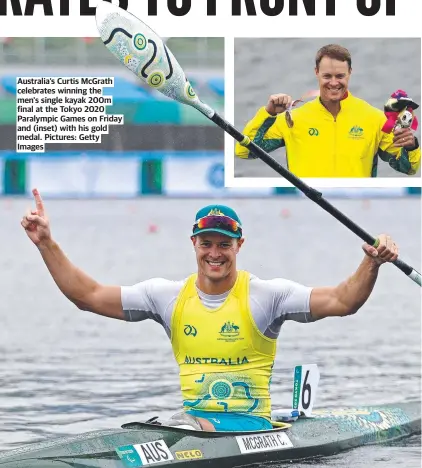  ??  ?? Australia’s Curtis McGrath celebrates winning the men's single kayak 200m final at the Tokyo 2020 Paralympic Games on Friday and (inset) with his gold medal. Pictures: Getty Images