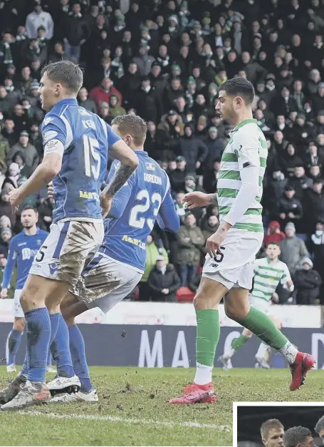  ??  ?? 2 Ryan Christie, extreme right and over by the touchline, watches as his free-kick sails all the way into the net. It looked at first glance as though defender Christophe­r Jullien, far left, had got the final touch but he admitted afterwards that the goal was Christie’s. Below inset, Zander Clark had a terrific game in goal for Saints. Below, Liam Gordon tussles with Celtic goalkeeper Fraser Forster.