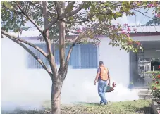  ??  ?? CUADRILLAS. En jardines y escuelas realizan fumigacion­es para eliminar los criaderos del zancudo transmisor del dengue y zika.