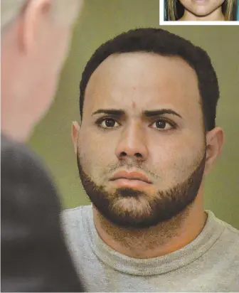  ??  ?? HELD ON BAIL: Angelo Colon-Ortiz appears in Leominster District Court, where he pleaded not guilty to assault charges in connection with the murder of Google executive Vanessa Marcotte, inset.