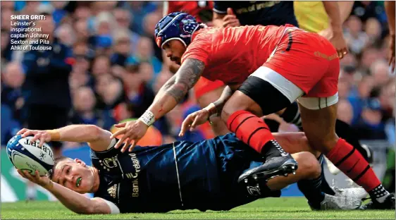  ?? ?? SHEER GRIT: Leinster’s inspiratio­nal captain Johnny Sexton and Pita Ahki of Toulouse