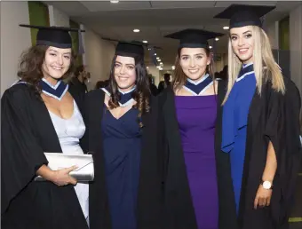  ?? Pic: ?? Louise Jennings, Michelle McManus, Amy Young and Aisling Dolan at the IT Sligo Graduation. DonalHacke­tt.