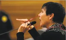  ??  ?? Magick Altman voices her opposition to arming San Francisco officers with Tasers during the Police Commission meeting.