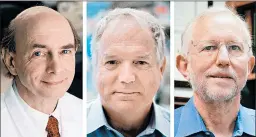  ?? NATIONAL INSTITUTES OF HEALTH/UNIVERSITY OF ALBERTA/AP ?? Scientists Harvey Alter, left, Charles Rice and Michael Houghton, seen in a combinatio­n photo, jointly won the Nobel Prize for their work on the liver-ravaging hepatitis C virus.