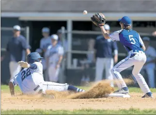  ?? PHOTO BY ROB WORMAN ?? La Plata freshman Ryan Calvert slides into second base as Lackey’s Bobby Tipton looks to make the catch in the bottom of the first inning in Monday’s Class 2A South Region Section I baseball semifinals. La Plata won the game 14-0 in five innings.