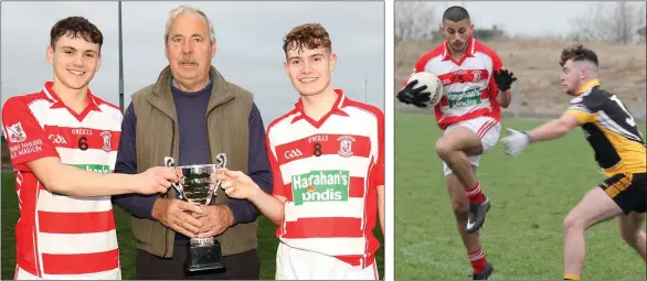  ??  ?? Joint captains Mark Doyle and Jamie Thomas receiving the trophy from Seamus Whelan. Ramesh Byrne wins possession from Garret O’Connor of Kilrush.