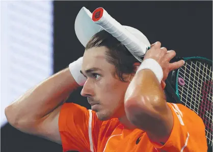  ?? ?? Alex de Minaur reacts against Andrey Rublev during their fourth round singles match on Sunday. Picture: Mark Stewart