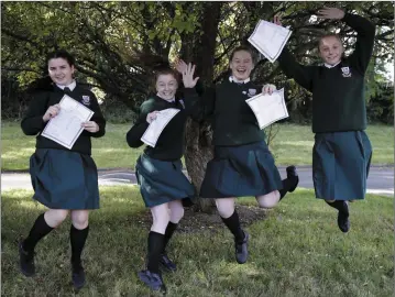  ??  ?? Paris Flynn, Amy Howick, Melinda Szabo and Nicole Keogh jumping for joy at St Kilian’s.