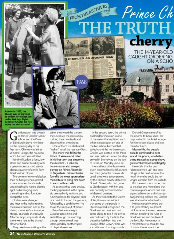  ??  ?? Above: In 1967, the Queen was in Scotland to collect her eldest son on his last day. Right: Sensitive Charles did not enjoy the strict school.