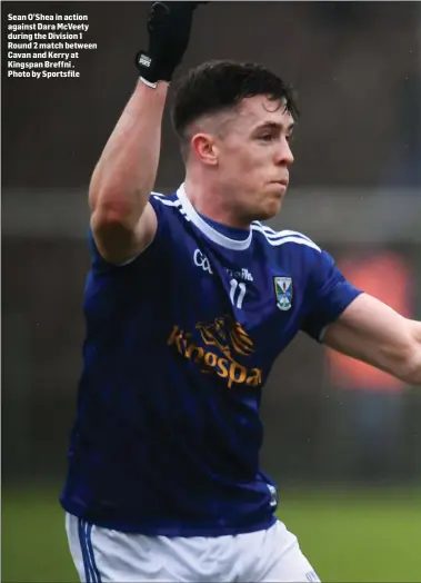  ??  ?? Sean O’Shea in action against Dara McVeety during the Division 1 Round 2 match between Cavan and Kerry at Kingspan Breffni . Photo by Sportsfile