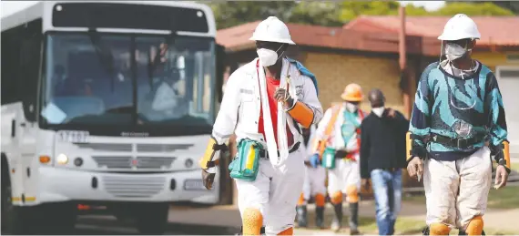  ?? SIPHIWE SIBEKO/REUTERS FILES ?? Mine workers arrive ahead of their shift amid a nationwide COVID-19 lockdown at a mine of Sibanye-stillwater company in Carletonvi­lle, South Africa last month. A new report by non-profit groups accuses mining firms worldwide of failing to take adequate safety precaution­s after outbreaks were discovered, sometimes with fatal results.