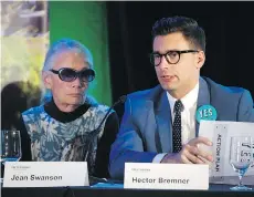  ?? GERRY KAHRMANN ?? Jean Swanson, a COPE candidate for council, and sitting councillor Hector Bremner, who is running for mayor, take part in a housing panel discussion on Wednesday night in downtown Vancouver.