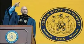  ?? ?? Gov. Wes Moore delivers his address at the 123rd Coppin State University commenceme­nt.