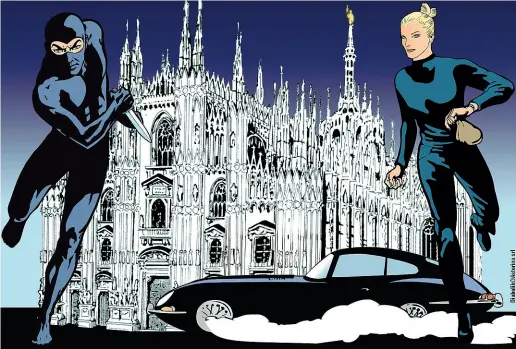  ??  ?? Coppia Diabolik ed Eva Kant sullo sfondo del Duomo: il disegno fu creato per la mostra del 2019 all’Urban Center. Presto i due personaggi, con i volti di Andrea Marinelli e Miriam Leone, saranno protagonis­ti al nel nuovo film dei Manetti Bros