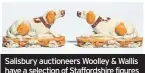  ??  ?? Salisbury auctioneer­s Woolley & Wallis have a selection of Staffordsh­ire figures in a big ceramics sale on October 15. This unusual pair of flatback hounds is estimated at £150-£250