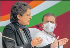  ?? AP ?? Congress leader Rahul Gandhi and general secretary Priyanka Vadra speak during the release of the party's manifesto for the upcoming UP elections in New Delhi on Friday.