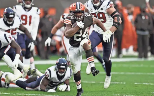  ?? ASSOCIATED PRESS ?? Cleveland Browns running back Nick Chubb played for the first time in six weeks Sunday and rushed for 126 yards and scored the team’s lone touchdown in a victory over the Houston Texans. He also gained the ire of fantasy owners and bettors by going out of bounds after a 59-yard run instead of scoring a touchdown with 53 seconds left.