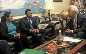  ?? SARA NEAGU-REED PHOTO/ CALIFORNIA FARM BUREAU FEDERATION ?? Rep. Jim Costa (right), D-Fresno, discusses immigratio­n issues in his Washington office with Encinitas farmer Pierre Sleiman (center) and Susana Tovar Zepeda, one of Sleiman’s employees. They and others traveled to Capitol Hill last week to present a...