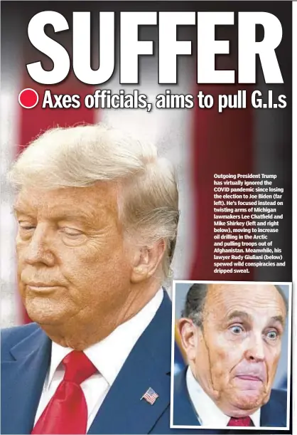  ??  ?? Outgoing President Trump has virtually ignored the COVID pandemic since losing the election to Joe Biden (far left). He’s focused instead on twisting arms of Michigan lawmakers Lee Chatfield and Mike Shirkey (left and right below), moving to increase oil drilling in the Arctic and pulling troops out of Afghanista­n. Meanwhile, his lawyer Rudy Giuliani (below) spewed wild conspiraci­es and dripped sweat.